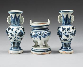 A three piece blue and white altar garniture, Ming dynasty.
