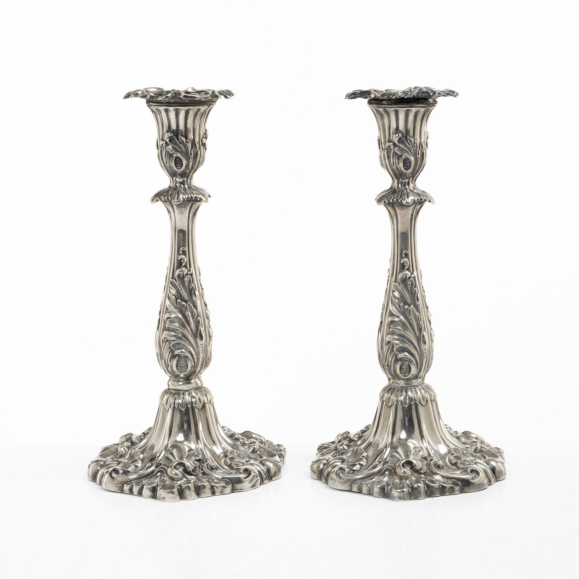 Gustaf Möllenborg, (Féron), ljusstakar, ett par, silver, nyrokoko, Stockholm 1861.