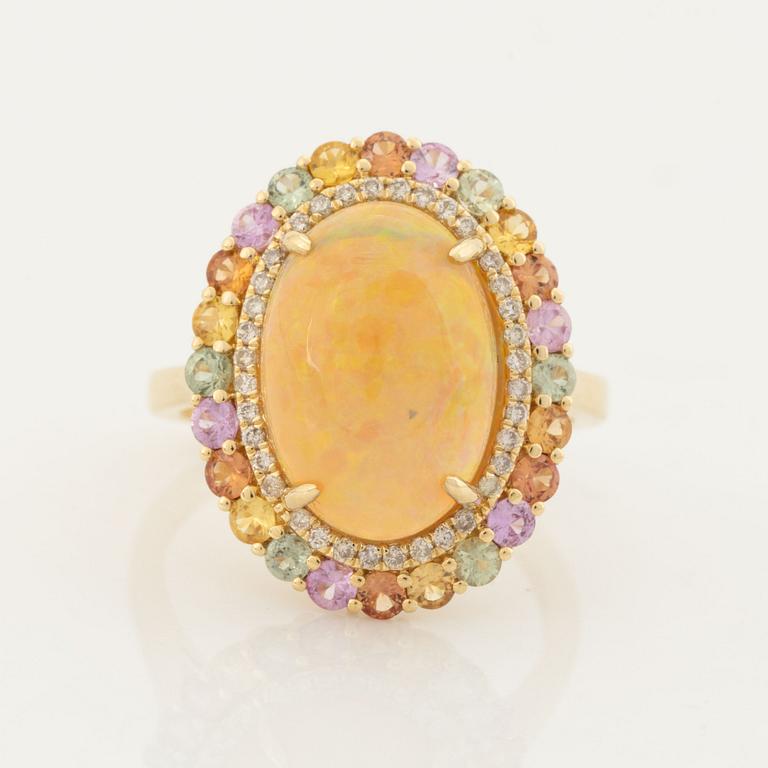 Opal, multi coloured sapphire and brilliant cut diamond cocktail ring.