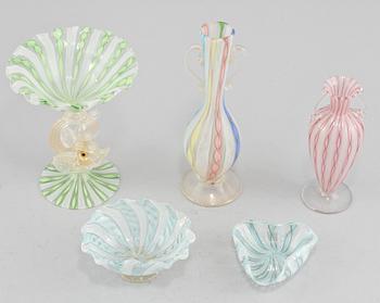 PARTI GLAS, 5 delar, glas, Murano, Italien, 1900-talets andra hälft.