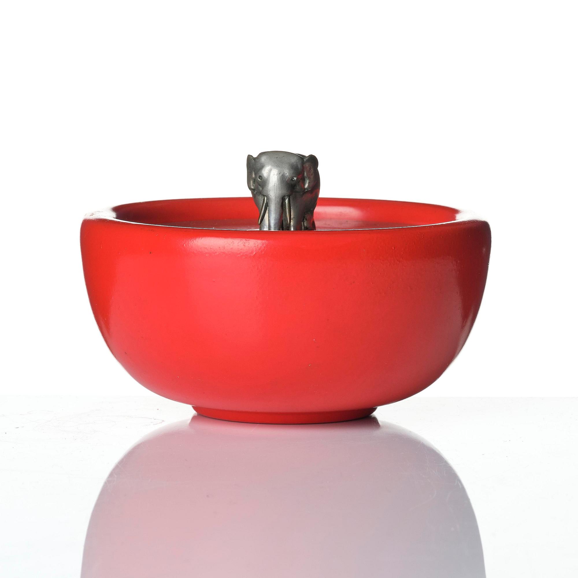 Josef Frank, a red lacquered brass bowl with a pewter cover, Firma Svenskt Tenn, Stockholm, 1949.