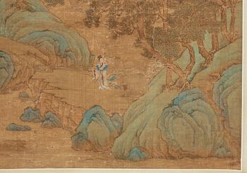 RULLMÅLNING med KALLIGRAFI, landskap med figurer. Troligen av kvinnlig konstnär (Yinhu från Tongjin), Qing (1644-1912).