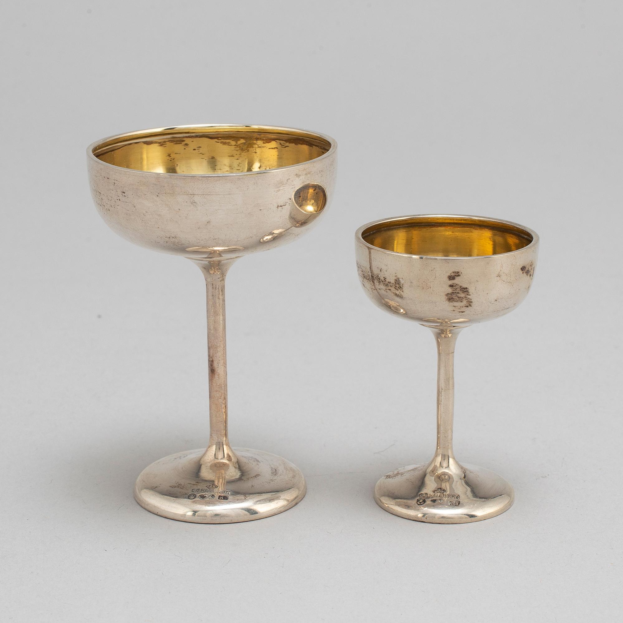 C G HALLBERG, cocktailglas & snapsglas, 12+10 st, silver, Stockholm, 1918-1919.