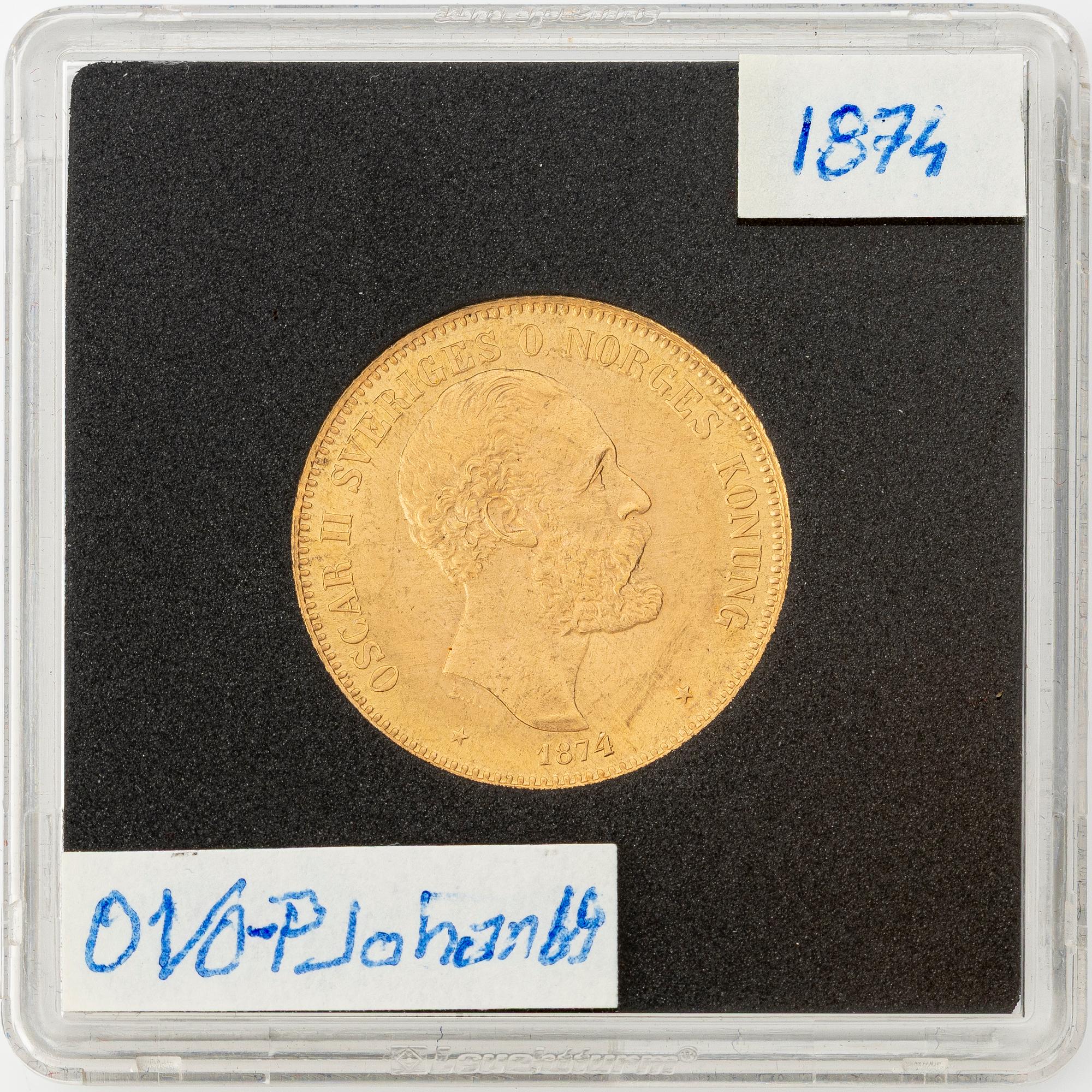 Guldmynt, Oscar II, 20 kronor, typ I, Sverige 1874.