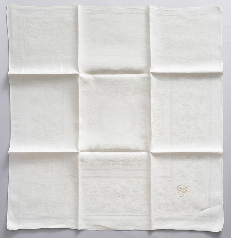 Two linnen table cloths and ten linnen napkins, Sweden, late 19th century.