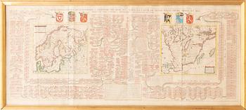 Colored copper engraving "Carte genealogique pour conduire à l'histoire des Rois du Nord". 18th century.