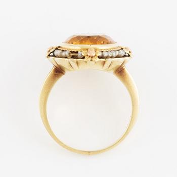 14K gold, citrine and seed pearl ring.