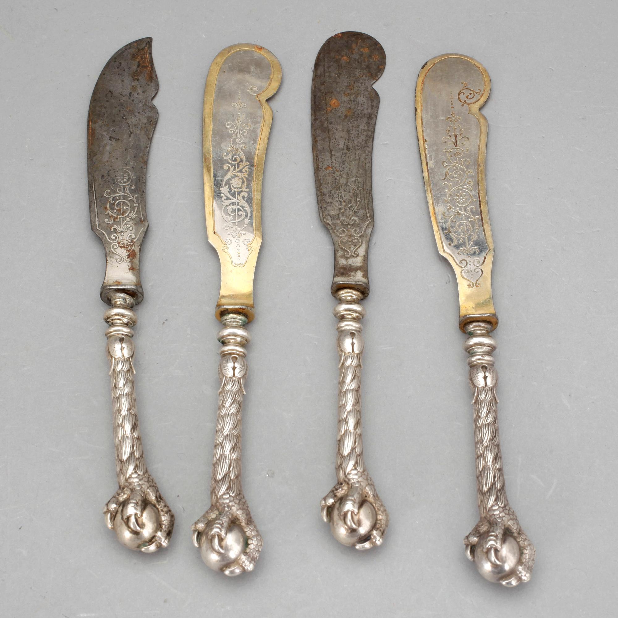 KNIVAR, 4 st, silver och metall, svenska stämplar, 1800-talets andra hälft.