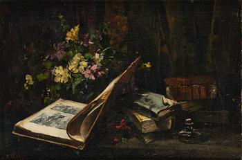 621. Antoine Vollon, Still life with flowers and books.
