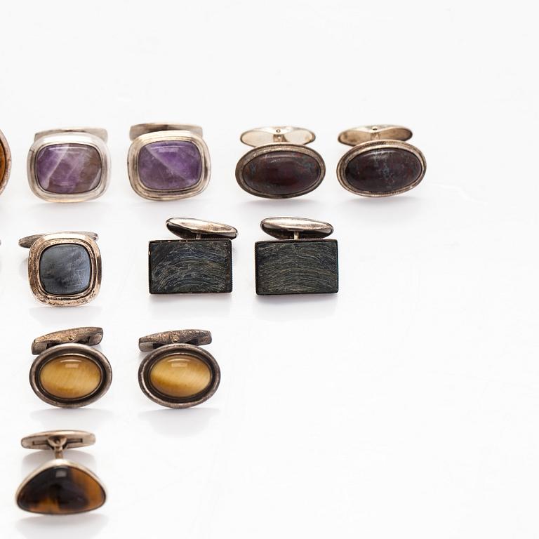 Cufflinks, 11 pairs, silver and natural stones, Finland and Sweden.