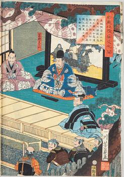 A Japanese coloured woodblock print, triptych, Meiji (1868-1912).