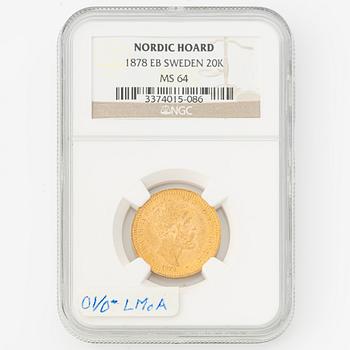 Guldmynt, Oscar II, 20 kronor, typ III, Sverige 1878.