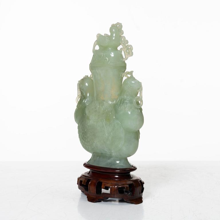 A Chinese urn with cover / censer, green stone, 20th century.