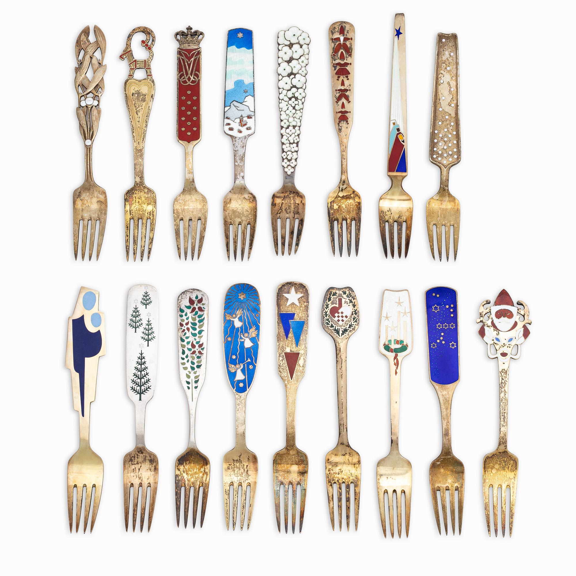 A set of sterling silver and enamel christmas cutlery, Michelsen, Denmark 1940s-1960s (34 pieces).