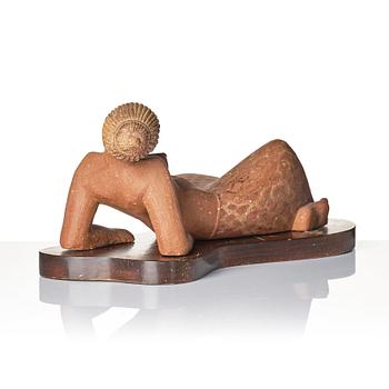 Stig Lindberg, a chamotte stoneware sculpture of a reclining woman, Gustavsberg studio, Sweden mid-20th century.