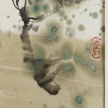 MÅLNING, av An Qi, "Travelers to Tianshan", signerad och daterad 2007.