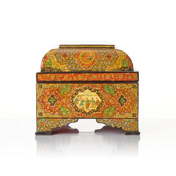 A large persian 'Safavid Revival' lacquer papier-mâché casket, Qajar dynasty.