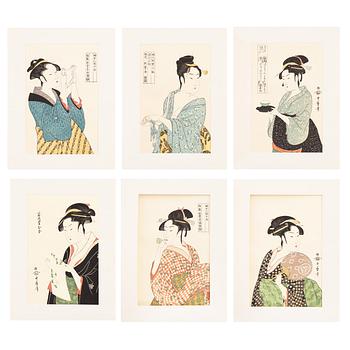 Kitagawa Utamaro, efter, färgträsnitt, 6st, Japan, 1900-talets andra hälft.