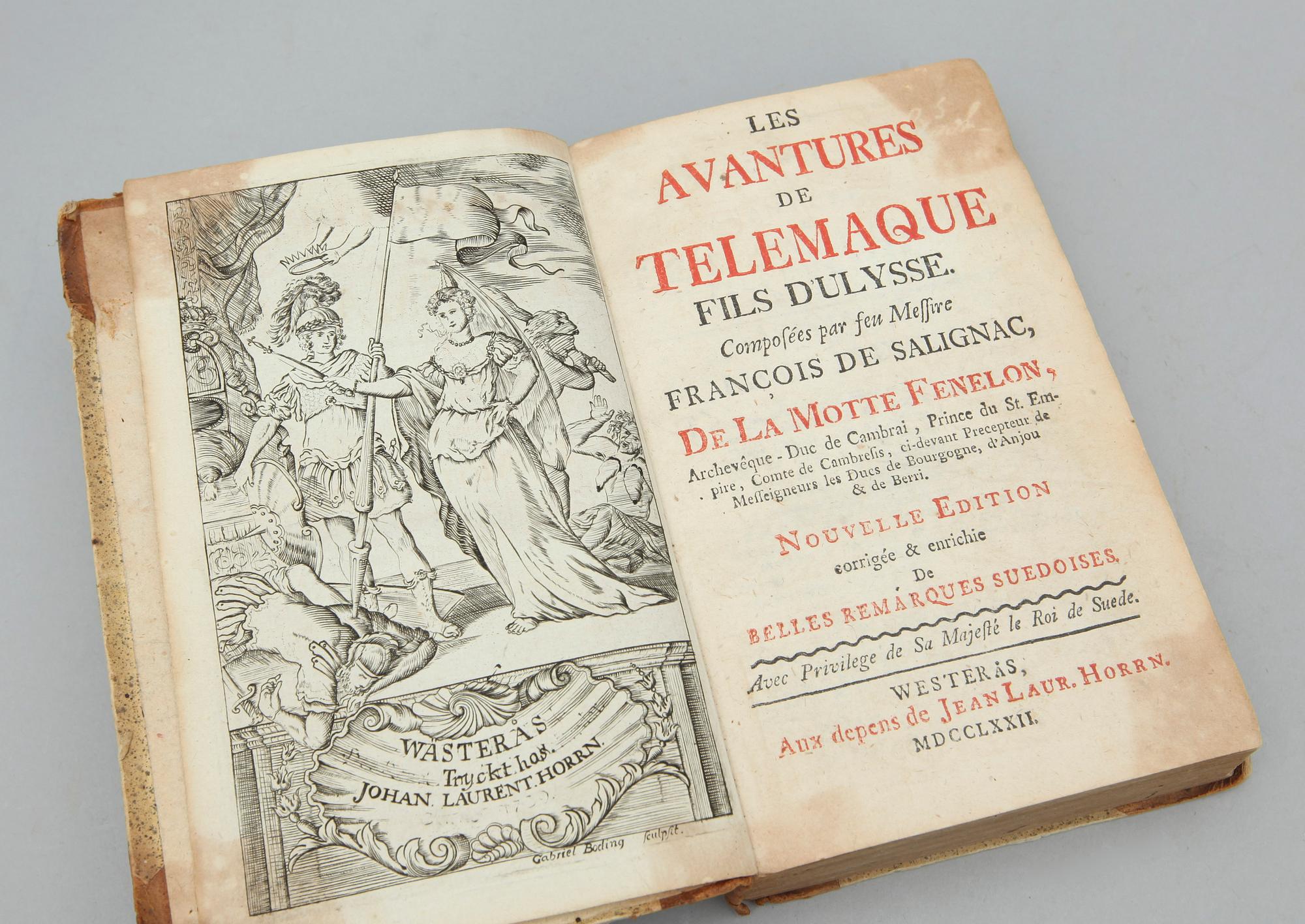 BOK. "Les avantures de Telemaque fils d'Ulysse" av François de Salignac de La Motte Fenelon. Västerås 1772.