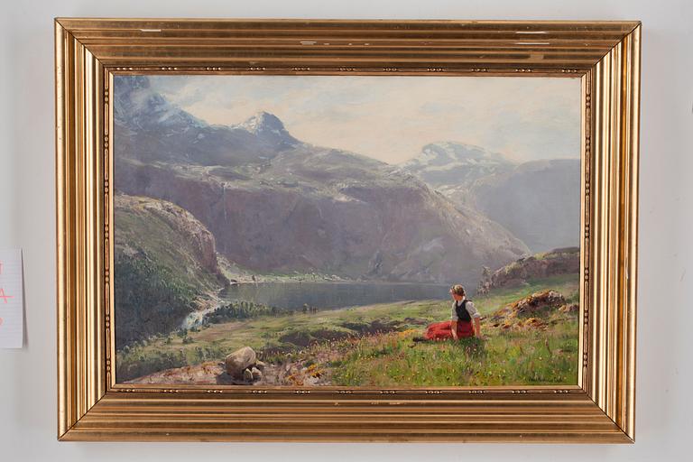 Hans Andreas Dahl, Young girl in a fjordlandscape.