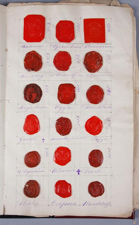 SIGILLSAMLING, 8 blad, svenska adliga ätter, 1800-tal.