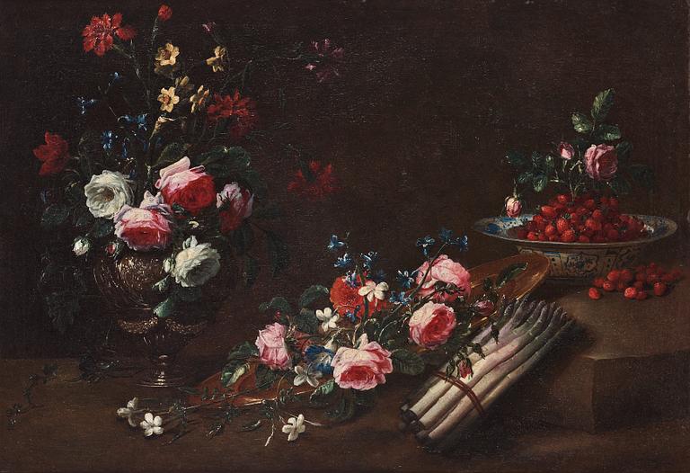 Bartolomeo del Bimbo (”Bimbi”) Hans krets, Stilleben med blommor, bär,  och sparris.