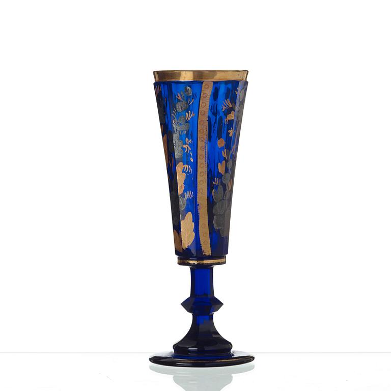 A Russian blue glass champagne flute, presumably imperial glass manufactory, St Petersburg, end of 18th Century.