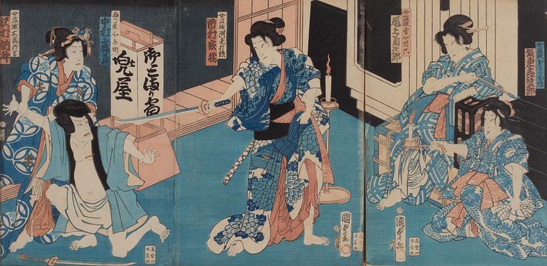 Utagawa Ii Kunisada, Triptyk och diptyk, träsnitt, Japan, Kabukiscener.