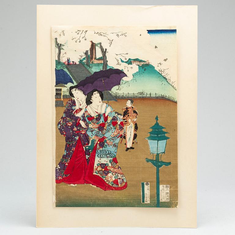 Five Japanese colored woodblock prints, including KUNIYOSHI, SHIGEHARU, KUNISADA, 19th century.