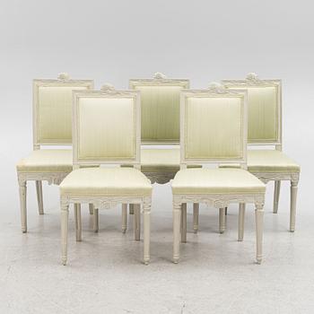 A set of five late-Gustavian chairs from Lindome, late 18th century.