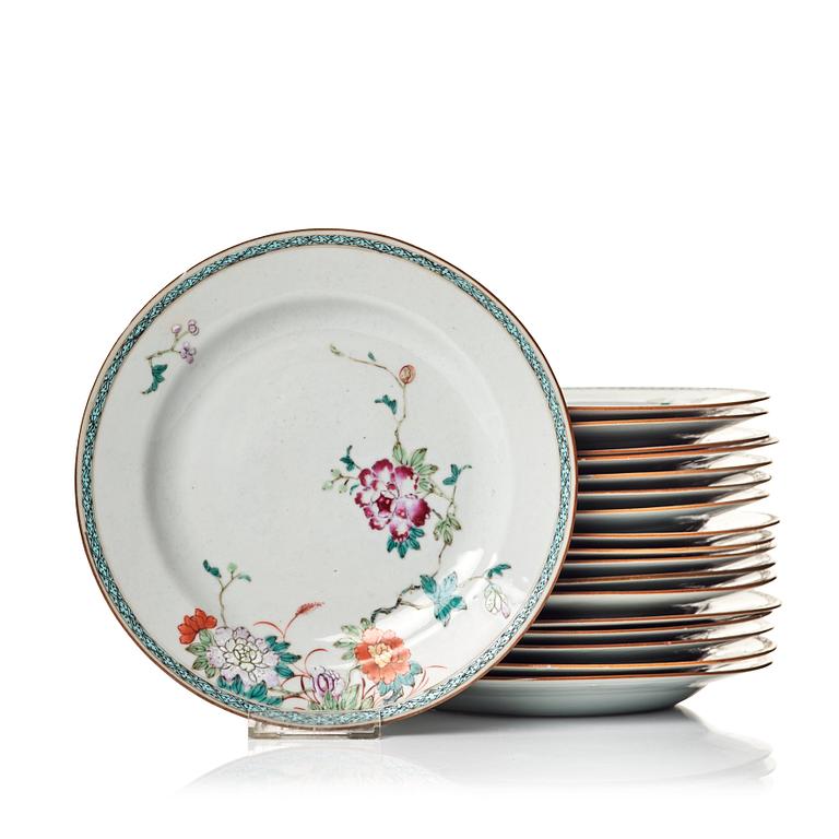 A matched set of 18 famille rose dinner plates, Qing dynasty, Qianlong (1736-95).