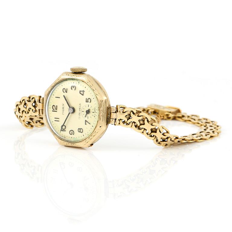 ARMBANDSUR, 14K guld, Polhem, Sverige, mitt 1900-talets, armbandet 18K guld, Hyttenberg, Stockholm, 1950. Vikt 18,23 g.