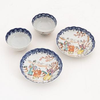 A group of five famille rose cups with saucers (2+2+1) and a saucer, Qing dynasty, Qianlong (1736-95).