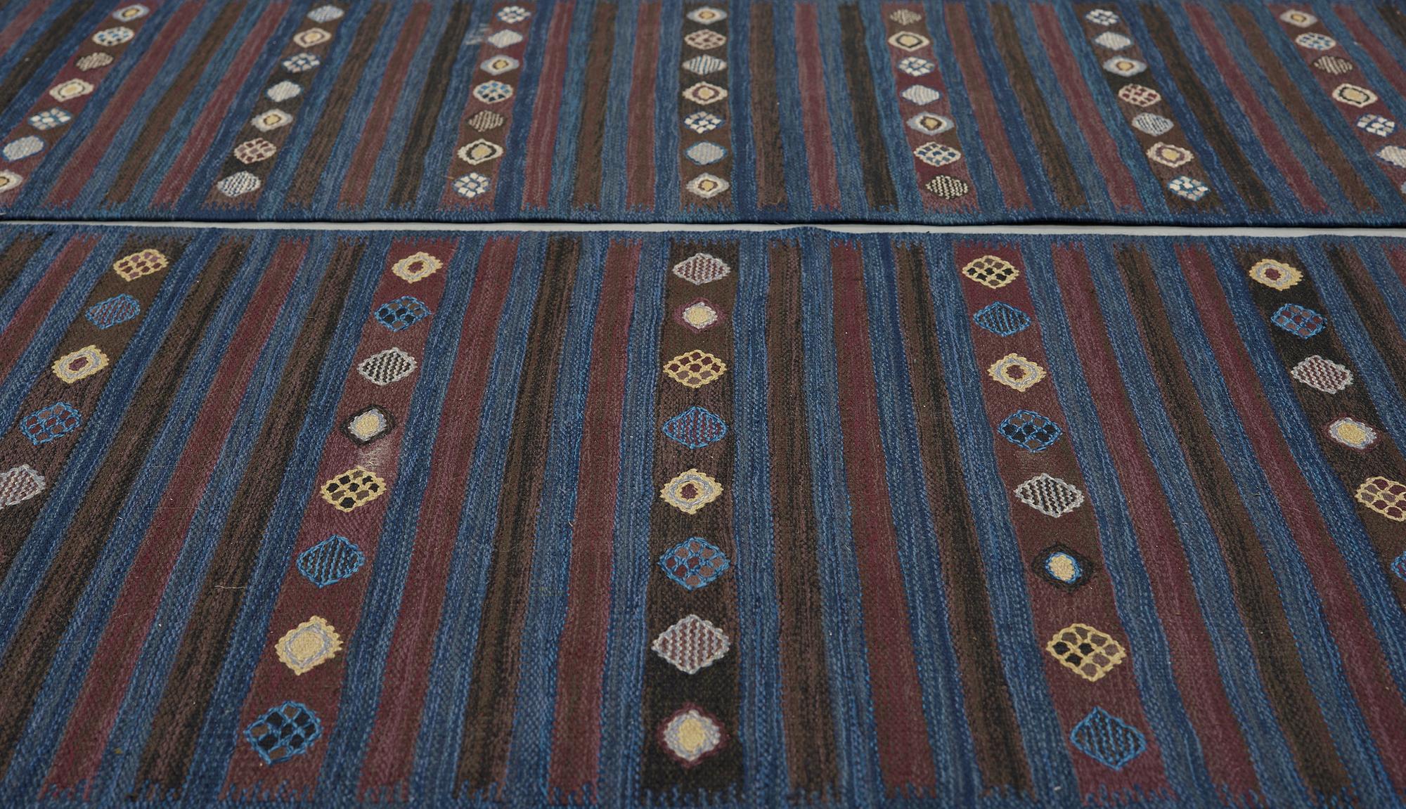 BARBRO NILSSON, carpets, 2 pieces, flat weave, 238,5 x 101 resp. 181,5 x 81 cm, "Blåbär, mörk", signed AB MMF BN.