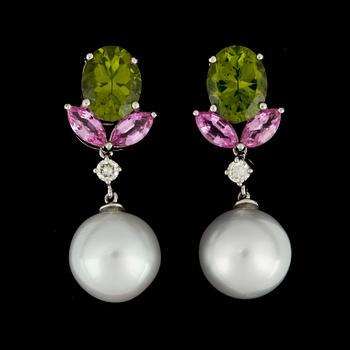 2. A pair of 12 mm cultured South sea pearl, pink sapphire, peridote and diamond earrings.