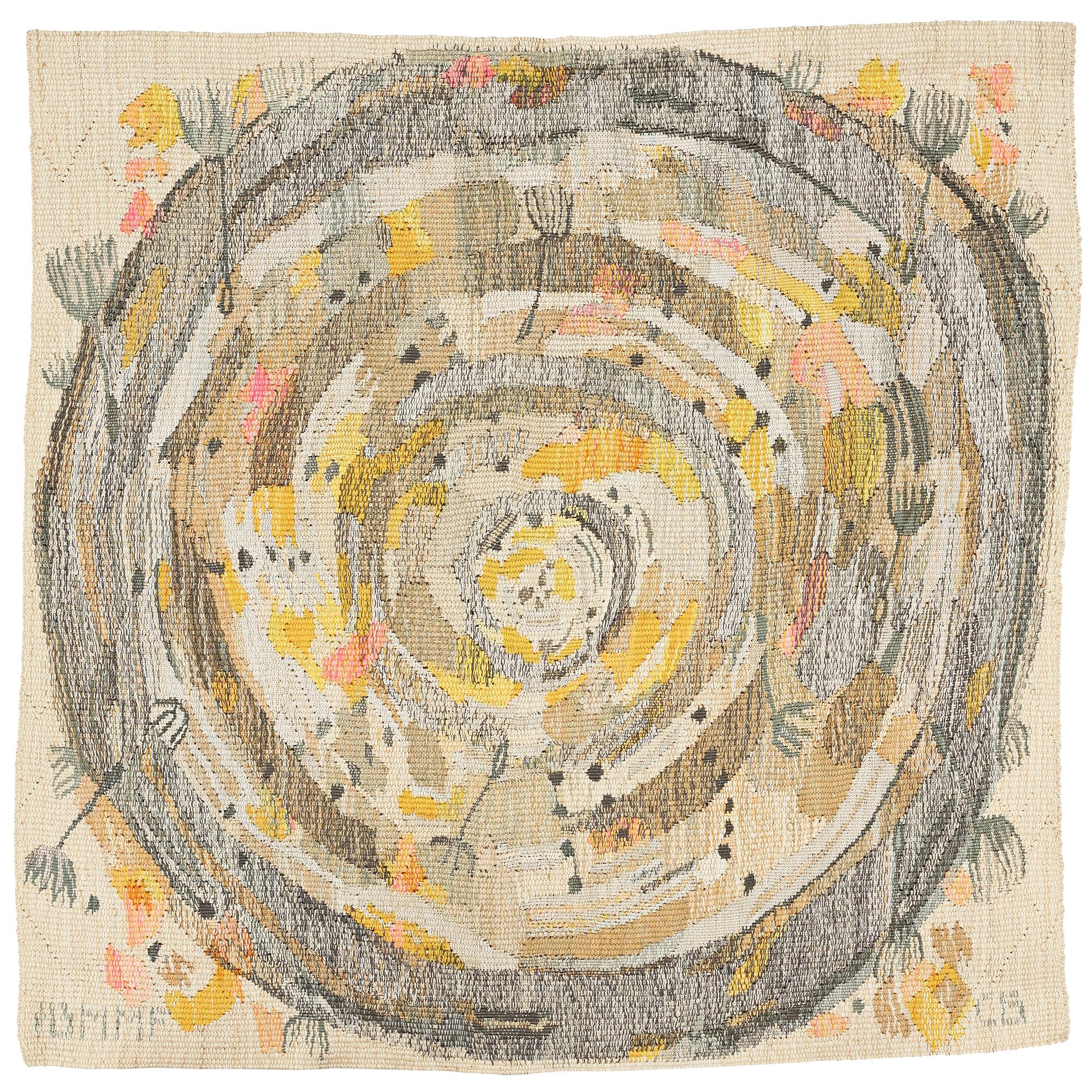 Chris Berglund, A TAPESTRY, "Maskrosboll", a tapestry variant, ca 89 x 90 cm, signed AB MMF CB.