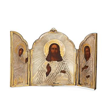 943. RESEIKON, triptyk, delvis förgylld silverinfattning, Kristus Allhärskaren, Moskva 1857.