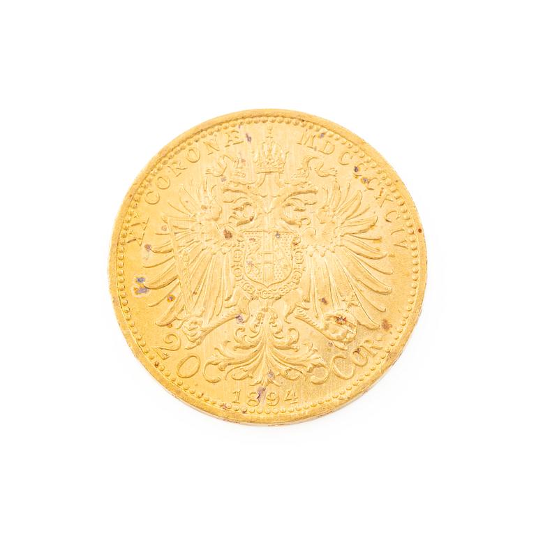 Guldmynt, Österrike-Ungern, 20 Corona, 1894.