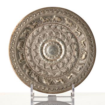 A Chinese brushpot, Qing dynasty, circa 1900. An archaistic bronze ewer and a silvered South East Asian bowl with stand.