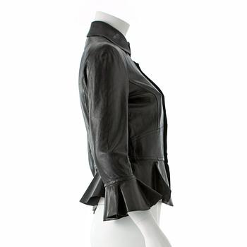 RALPH LAUREN, a black leather jacket.