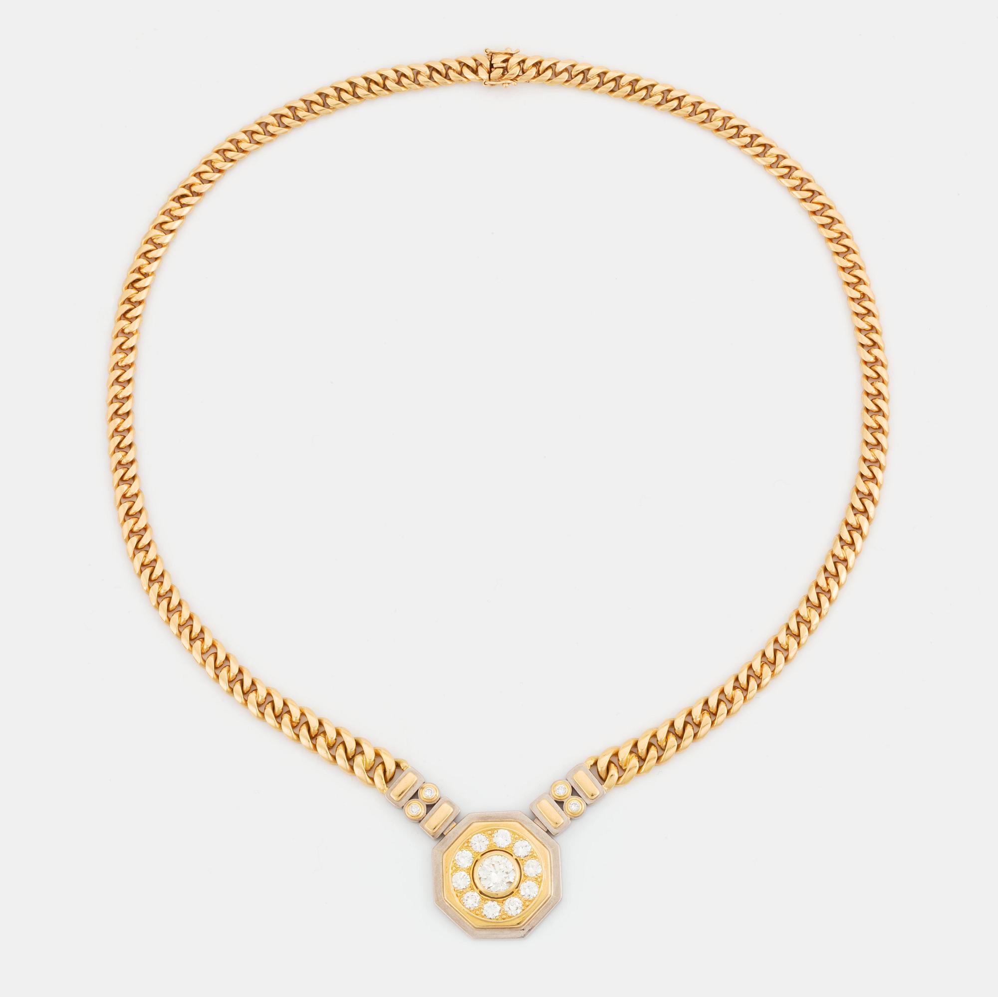 An 18K gold necklace with a round brilliant-cut diamond weight ca 1.65 cts quality ca I vs, by Jan Hellströmer.