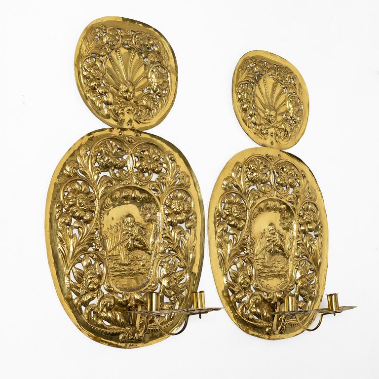 A pair of  Swedish Baroque style brass light plates, Johan F Hellström, Nyköping around the year 1900.