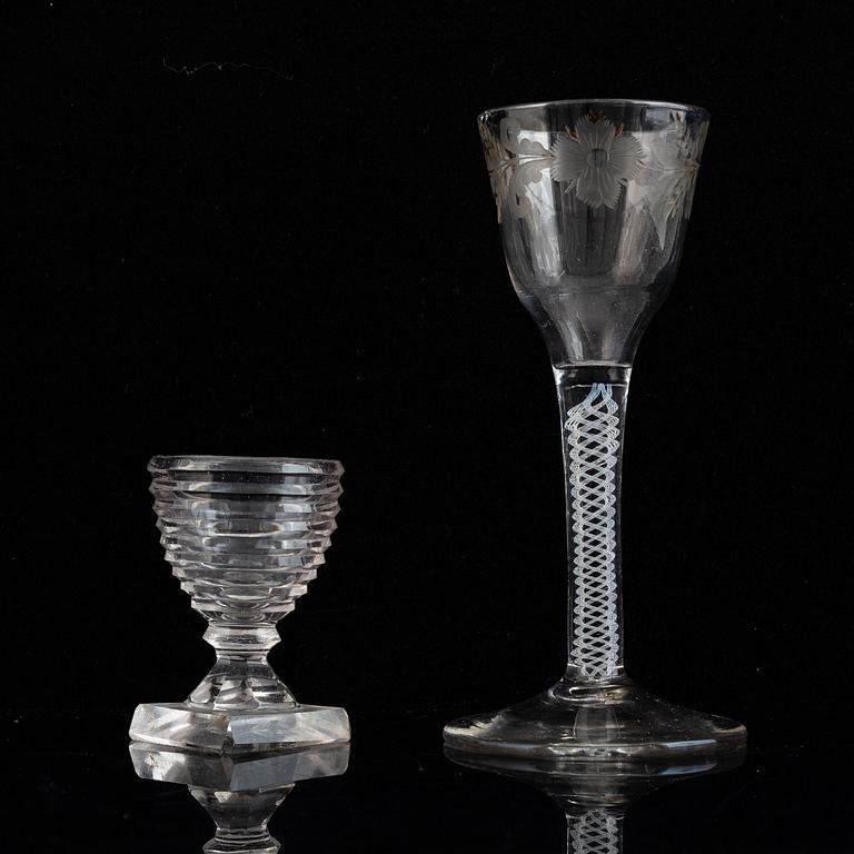 Two glasses, one of the presumably English, 18th Century.