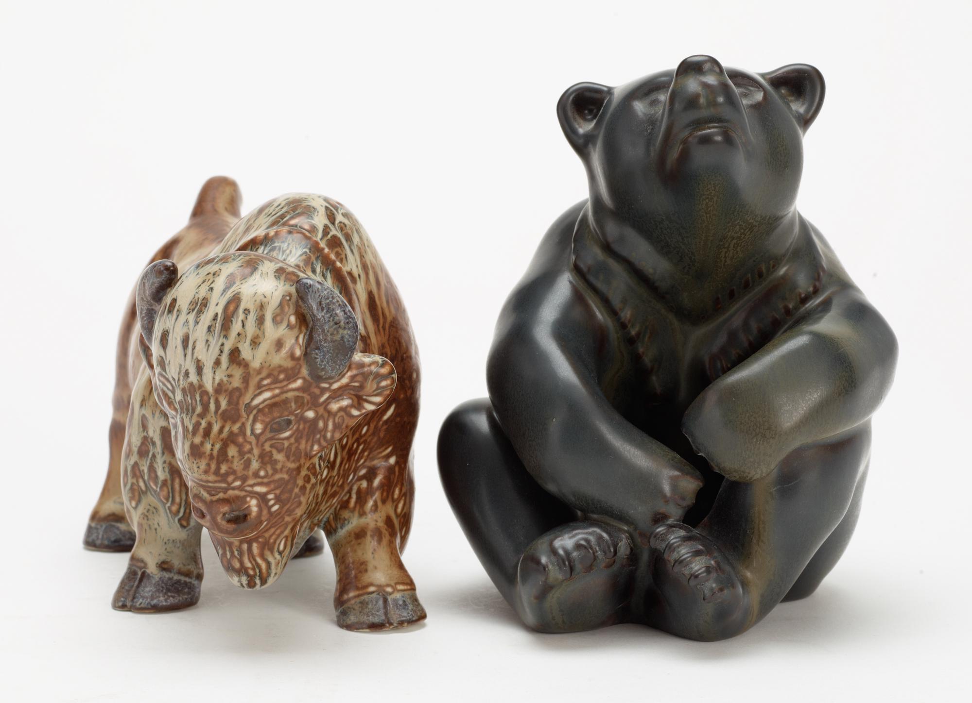 Two Gunnar Nylund stoneware figures, a bear and a bison, Rörstrand.