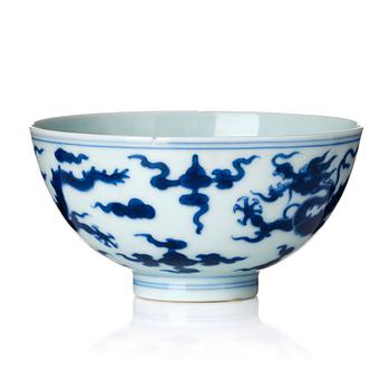 A blue and white 'five clawed dragon' cup, Qing dynasty, with Yongzheng mark and of the period (1723-35).