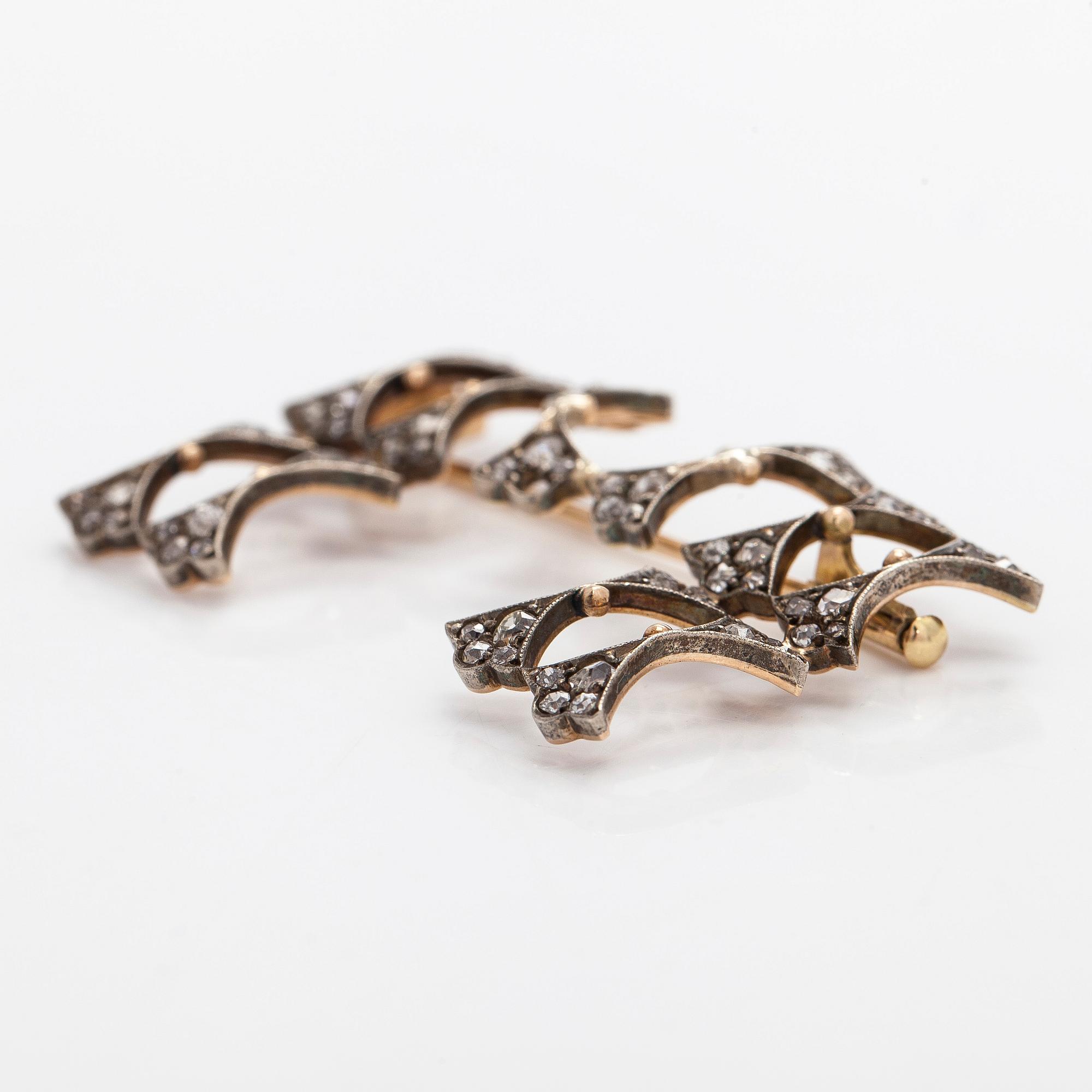 Rintaneula, 14K kultaa ja vanhahiottuja timantteja.