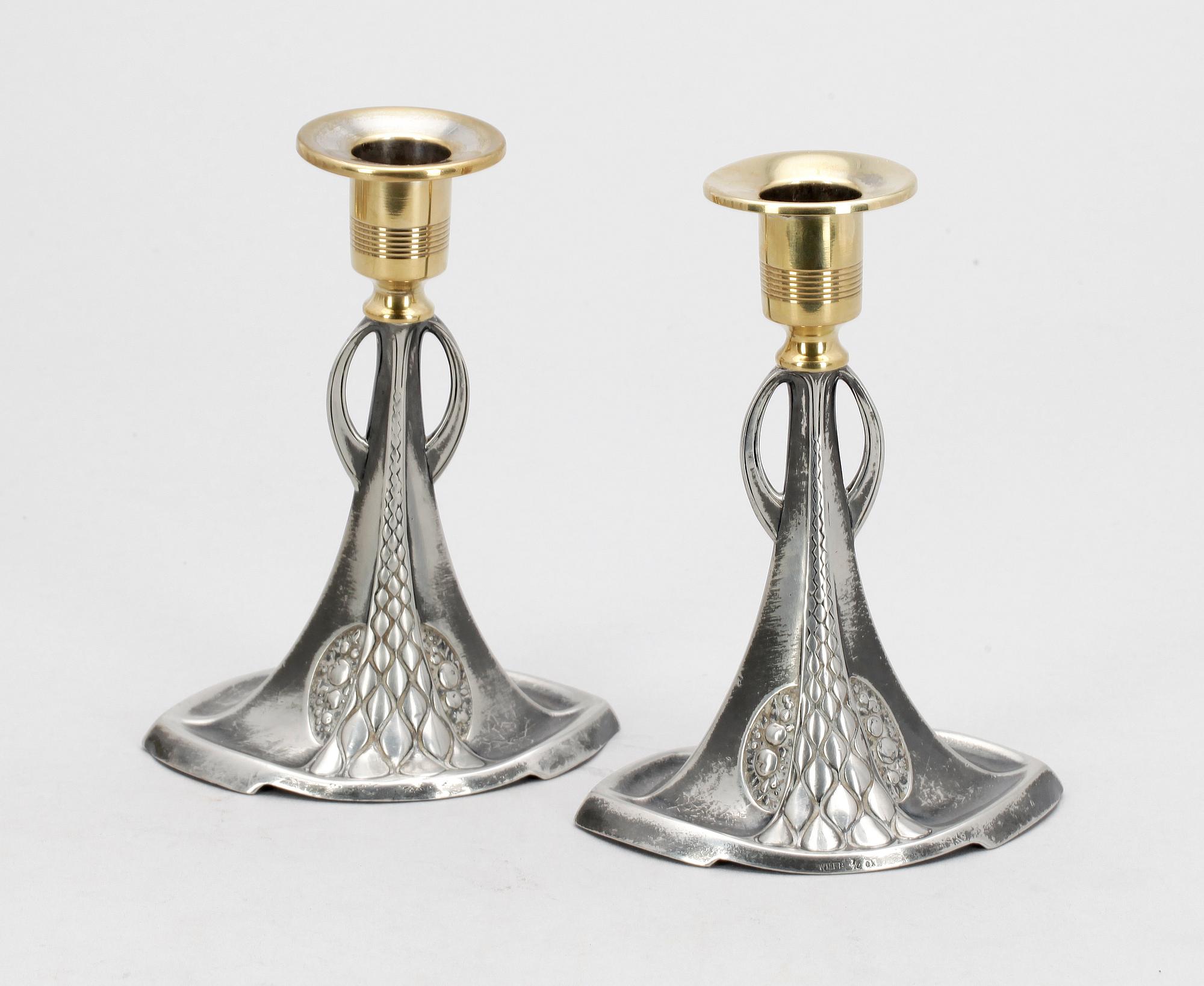 LJUSSTAKAR, ett par, WMF, vitmetall med mässing, jugend 1900-talets början.