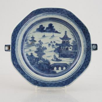 A blue and white warm water plate, a low bowl and a serving dish, China, Qing dynasty, 18th-19th century.