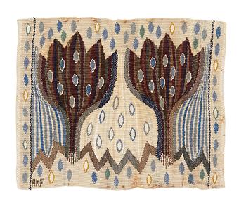 204. Ann-Mari Forsberg, född Lindbom, a textile, "Blå crocus", a tapestry variant, ca 31,5-32 x 39-39,5 cm, signed AMF.