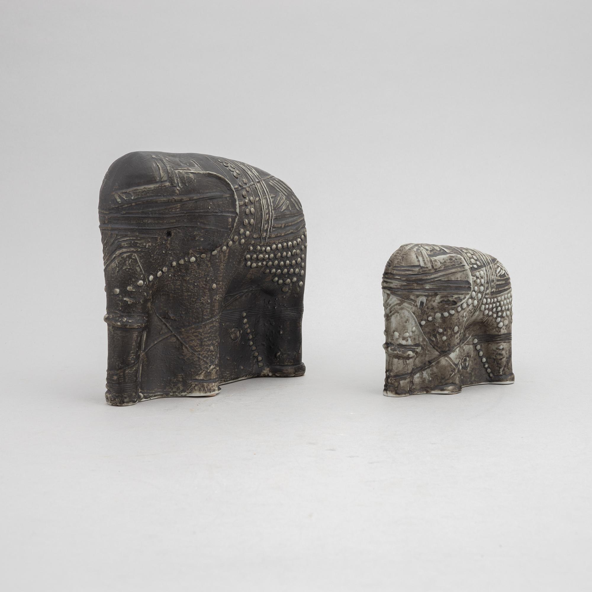 Bertil Vallien, two stoneware sculptures of elephants, Rörstrand.